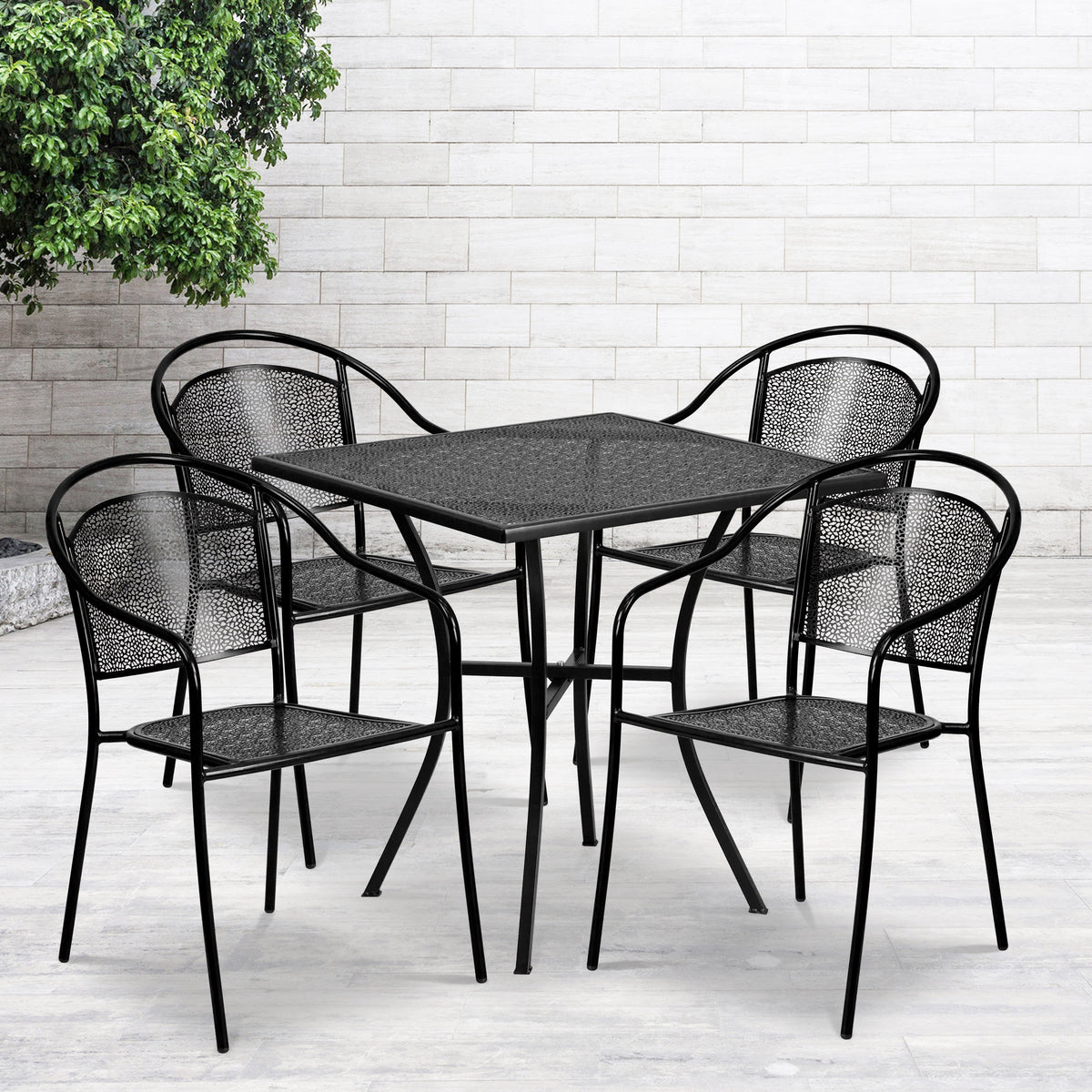 Black |#| 28inch Square Black Indoor-Outdoor Steel Patio Table Set with 4 Round Back Chairs