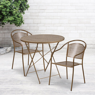 Oia Commercial Grade 30" Round Indoor-Outdoor Steel Folding Patio Table Set with 2 Round Back Chairs - View 2