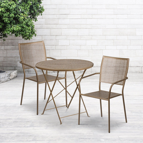 Gold |#| 30inch Round Gold Indoor-Outdoor Steel Folding Patio Table Set with 2 Chairs