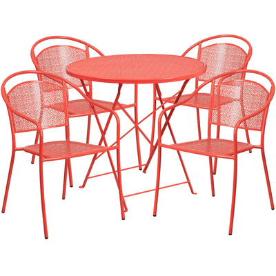Oia Commercial Grade 30" Round Indoor-Outdoor Steel Folding Patio Table Set with 4 Round Back Chairs - View 1