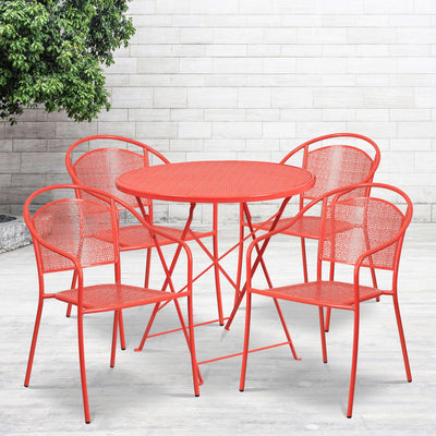 Oia Commercial Grade 30" Round Indoor-Outdoor Steel Folding Patio Table Set with 4 Round Back Chairs - View 2