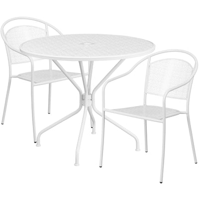 Oia Commercial Grade 35.25" Round Indoor-Outdoor Steel Patio Table Set with 2 Round Back Chairs - View 1