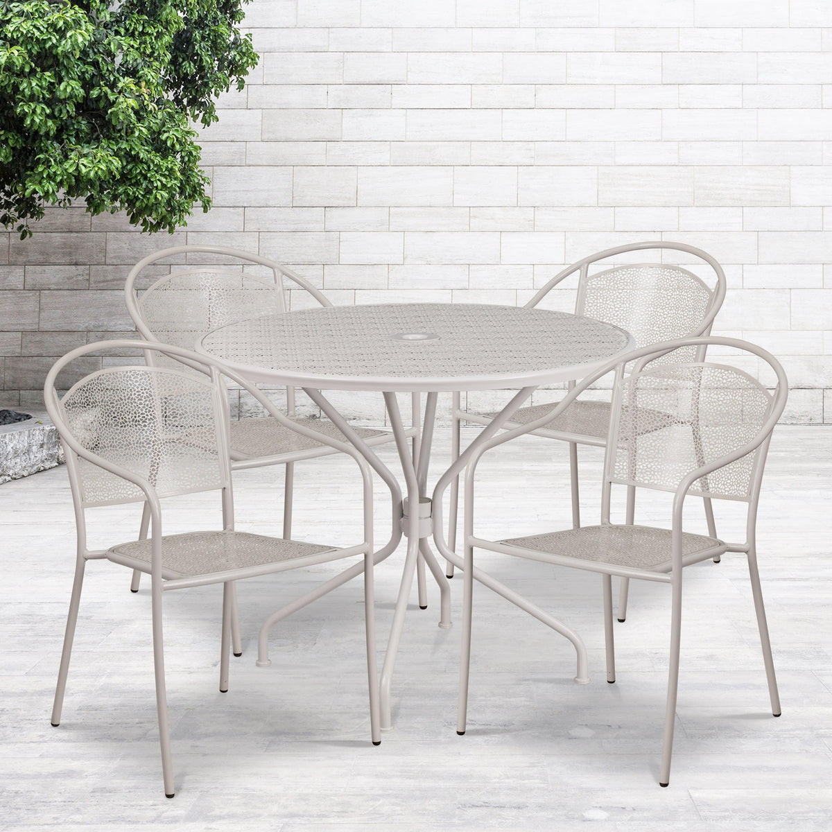 Light Gray |#| 35.25inch Round Lt Gray Indoor-Outdoor Steel Patio Table Set w/ 4 Round Back Chairs