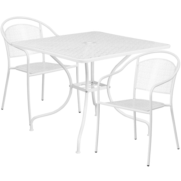 White |#| 35.5inch Square White Indoor-Outdoor Steel Patio Table Set w/ 2 Round Back Chairs