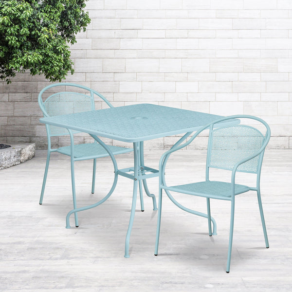 Sky Blue |#| 35.5inch SQ Sky Blue Indoor-Outdoor Steel Patio Table Set w/ 2 Round Back Chairs