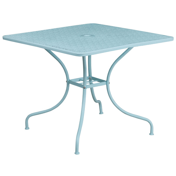 Sky Blue |#| 35.5inch SQ Sky Blue Indoor-Outdoor Steel Patio Table Set w/ 2 Round Back Chairs