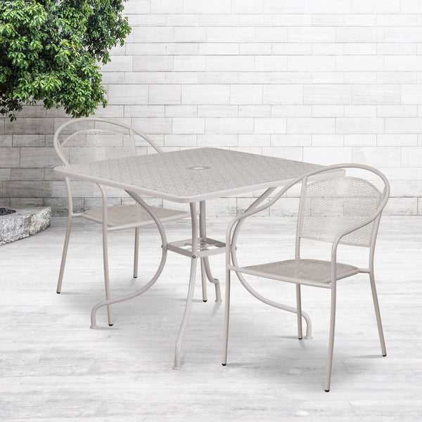 Light Gray |#| 35.5inch Square Lt Gray Indoor-Outdoor Steel Patio Table Set w/ 2 Round Back Chairs