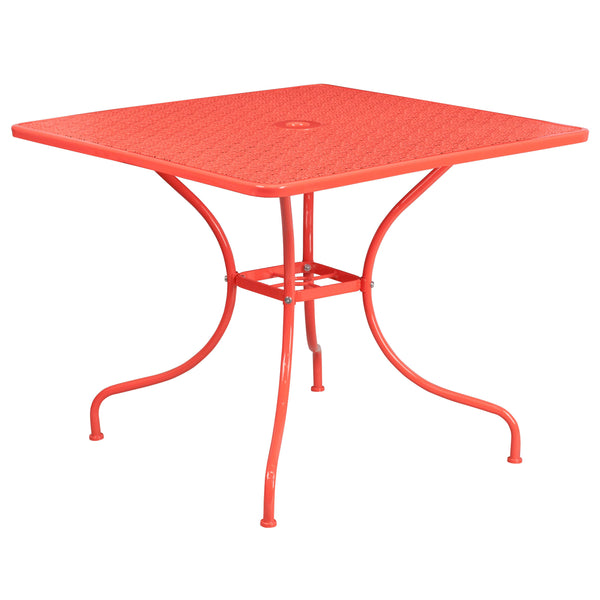 Coral |#| 35.5inch Square Coral Indoor-Outdoor Steel Patio Table Set w/ 2 Round Back Chairs