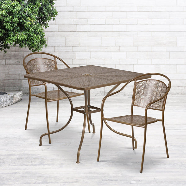 Gold |#| 35.5inch Square Gold Indoor-Outdoor Steel Patio Table Set w/ 2 Round Back Chairs