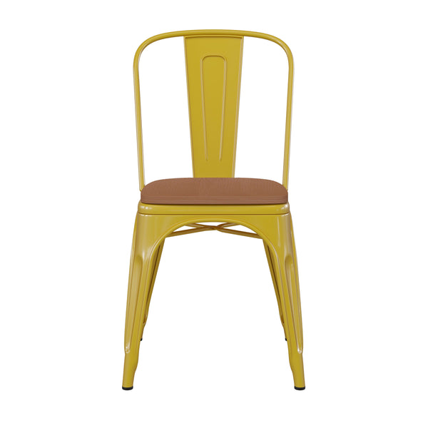 Yellow/Teak |#| All-Weather Commercial Stack Chair & Poly Resin Seat - Yellow/Teak