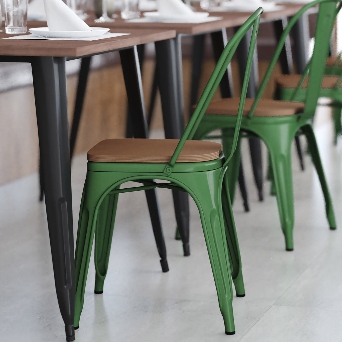 Green/Teak |#| All-Weather Commercial Stack Chair & Poly Resin Seat - Green/Teak