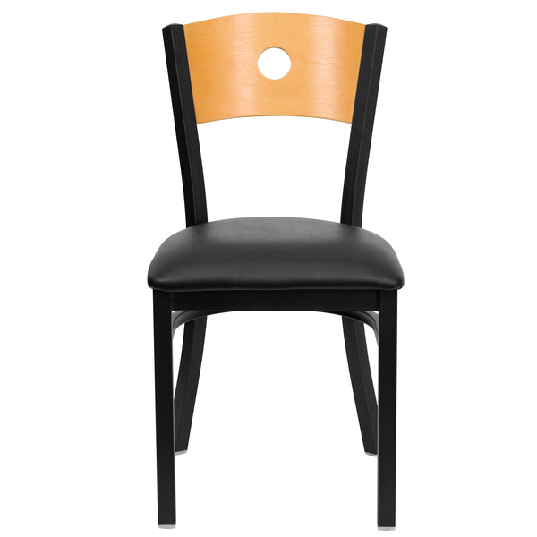 Natural Wood Back/Black Vinyl Seat/Black Metal Frame |#| Black Circle Back Metal Restaurant Chair - Natural Wood Back, Black Vinyl Seat