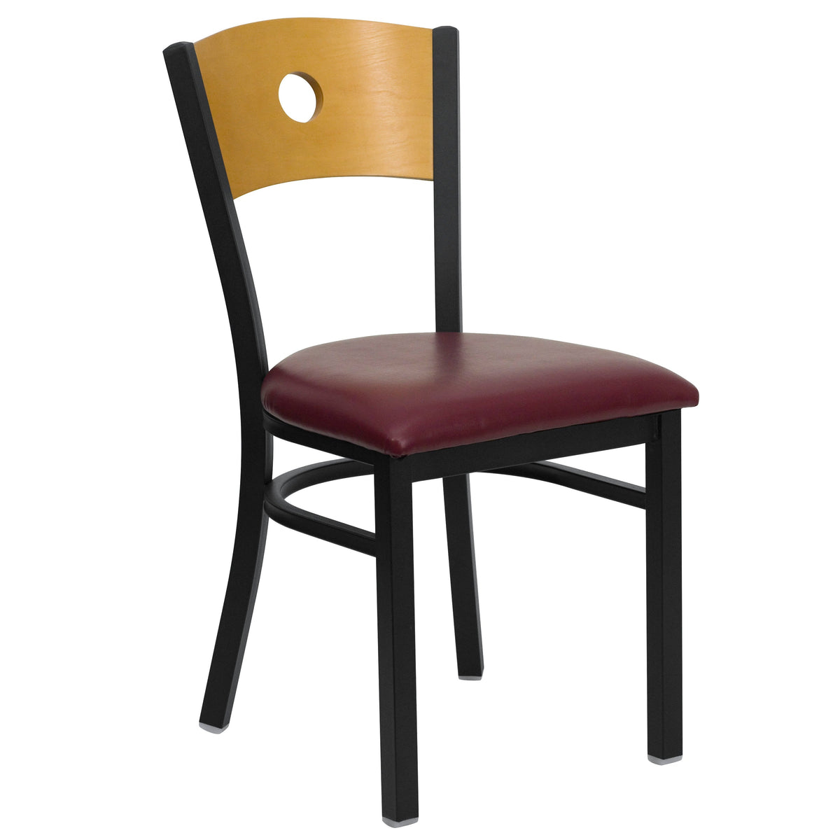 Natural Wood Back/Burgundy Vinyl Seat/Black Metal Frame |#| Black Circle Back Metal Chair with Natural Wood Back & Burgundy Vinyl Seat