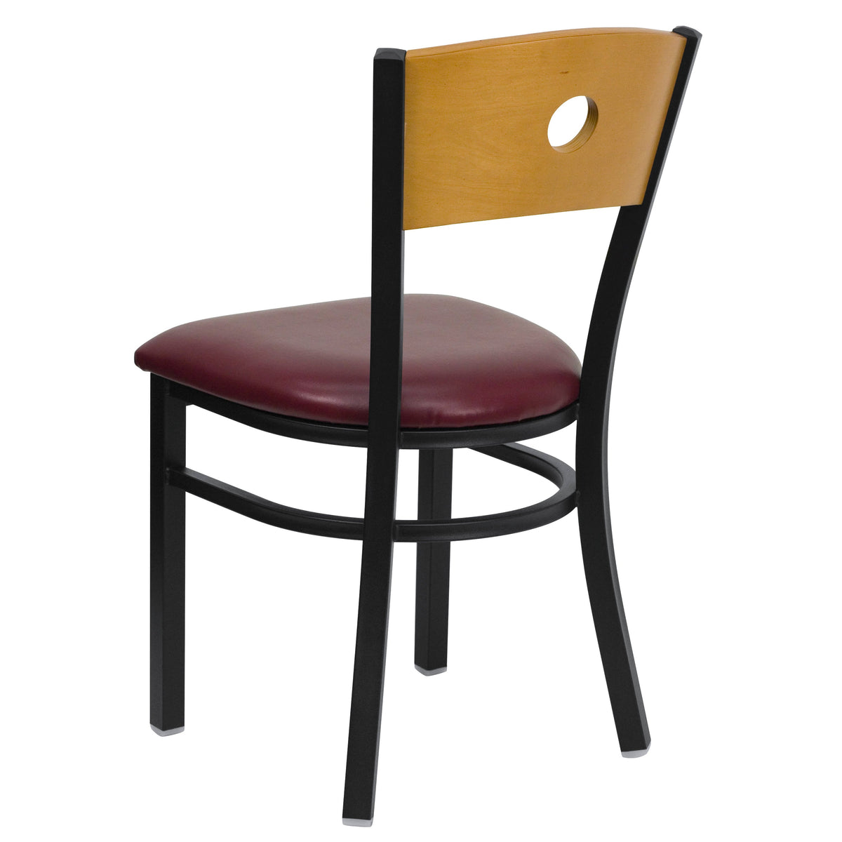 Natural Wood Back/Burgundy Vinyl Seat/Black Metal Frame |#| Black Circle Back Metal Chair with Natural Wood Back & Burgundy Vinyl Seat