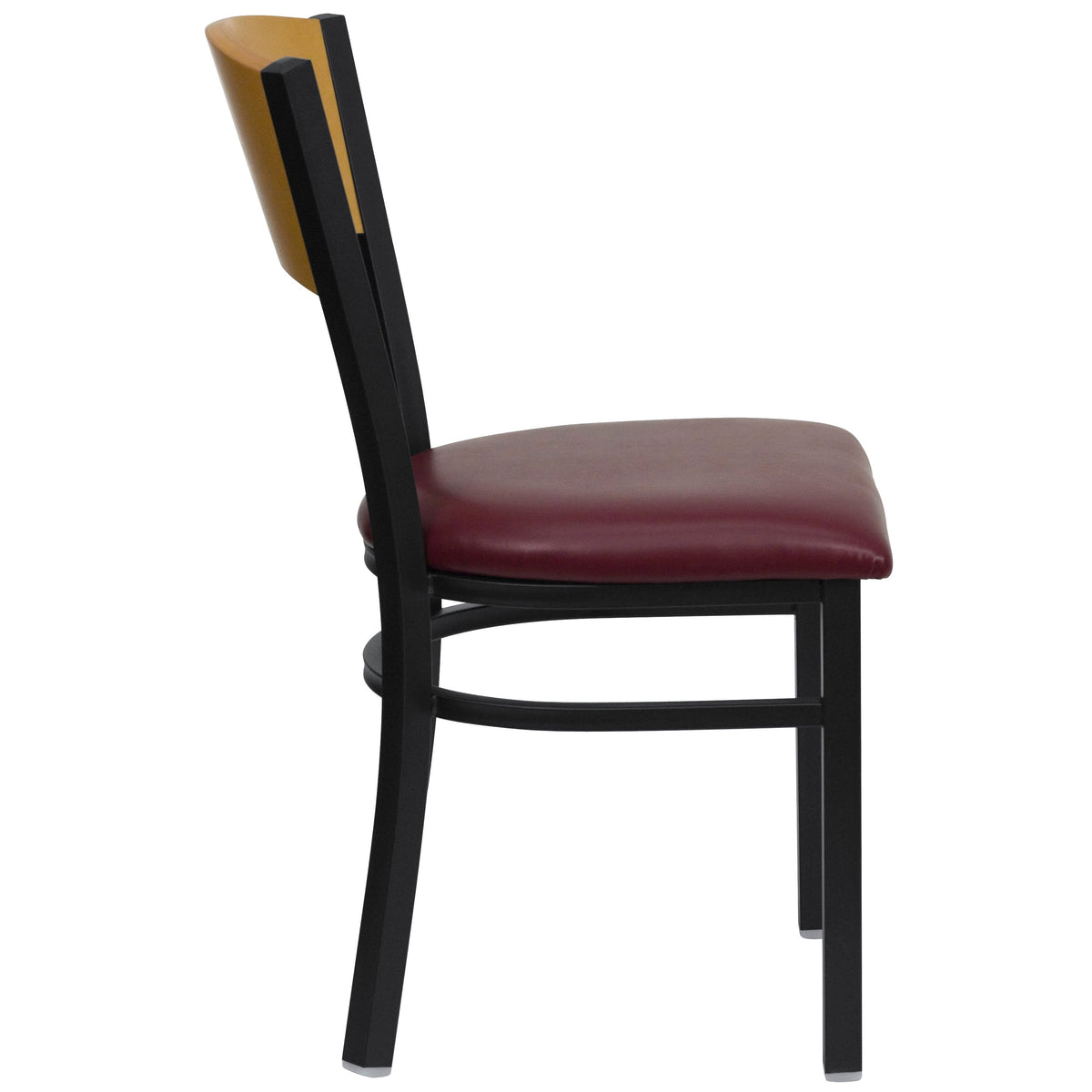 Natural Wood Back/Burgundy Vinyl Seat/Black Metal Frame |#| Black Circle Back Metal Chair with Natural Wood Back & Burgundy Vinyl Seat