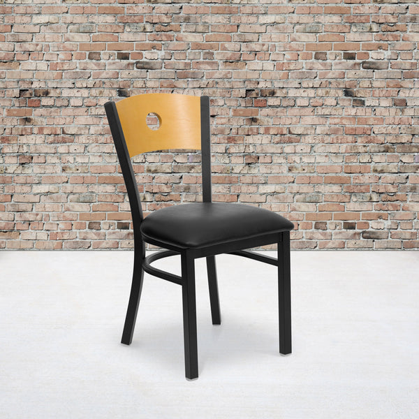 Natural Wood Back/Black Vinyl Seat/Black Metal Frame |#| Black Circle Back Metal Restaurant Chair - Natural Wood Back, Black Vinyl Seat