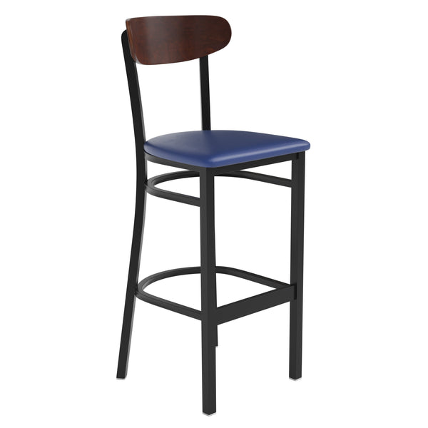 Walnut Wood Back/Blue Vinyl Seat |#| Commercial Metal Barstool with Vinyl Seat and Wood Boomerang Back-Blue/Walnut
