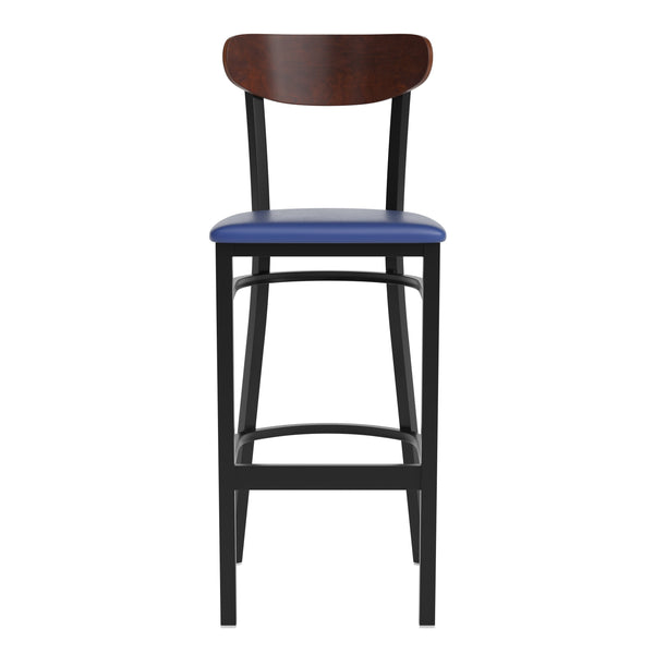 Walnut Wood Back/Blue Vinyl Seat |#| Commercial Metal Barstool with Vinyl Seat and Wood Boomerang Back-Blue/Walnut
