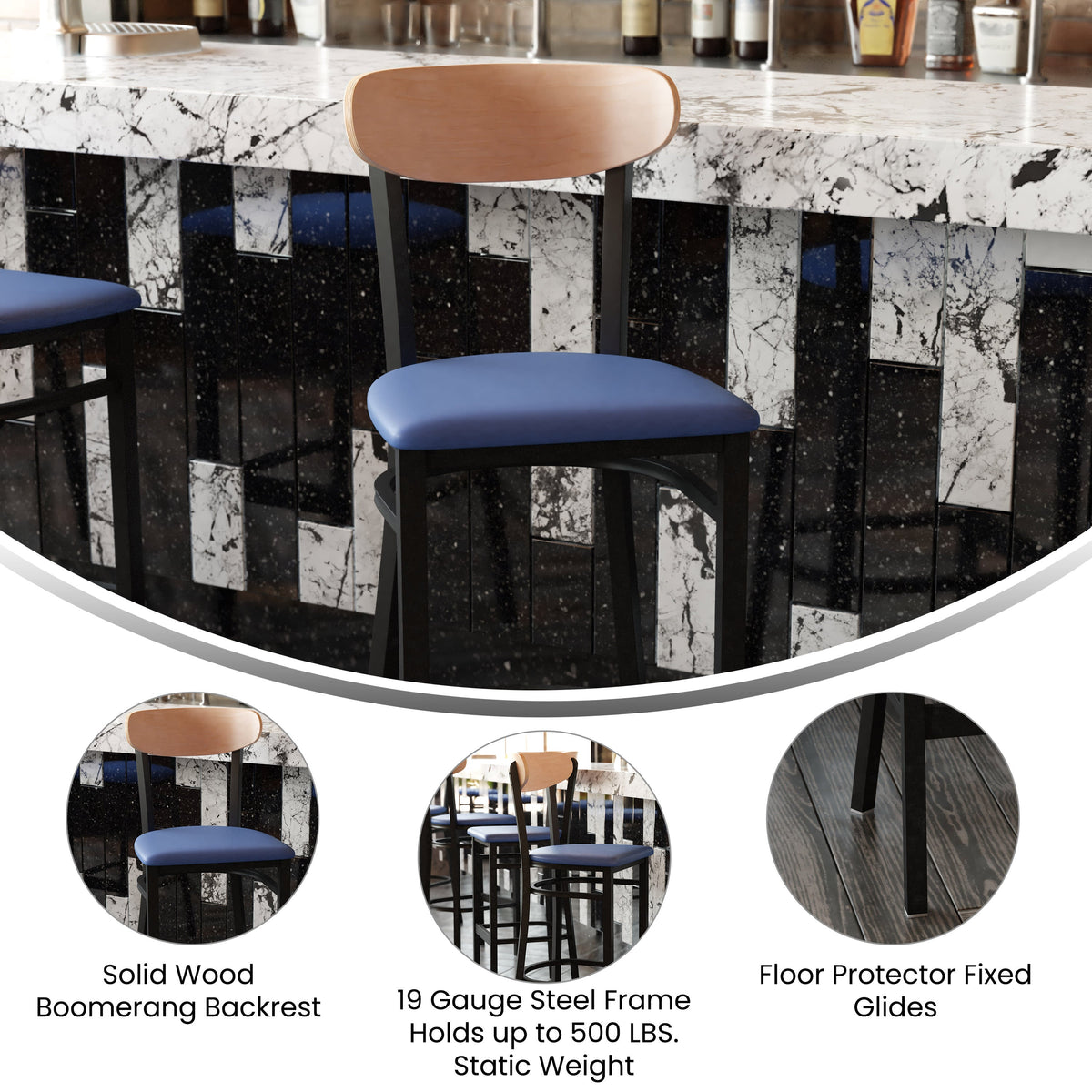 Natural Birch Wood Back/Blue Vinyl Seat |#| Commercial Metal Barstool with Vinyl Seat and Wood Boomerang Back-Blue/Natural
