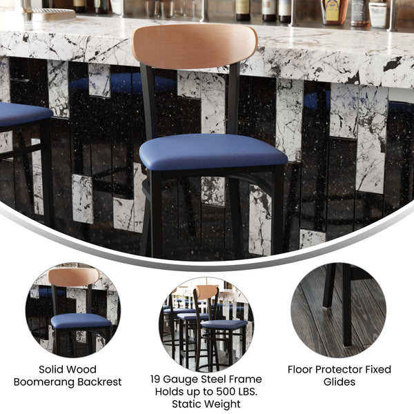 Natural Birch Wood Back/Blue Vinyl Seat |#| Commercial Metal Barstool with Vinyl Seat and Wood Boomerang Back-Blue/Natural