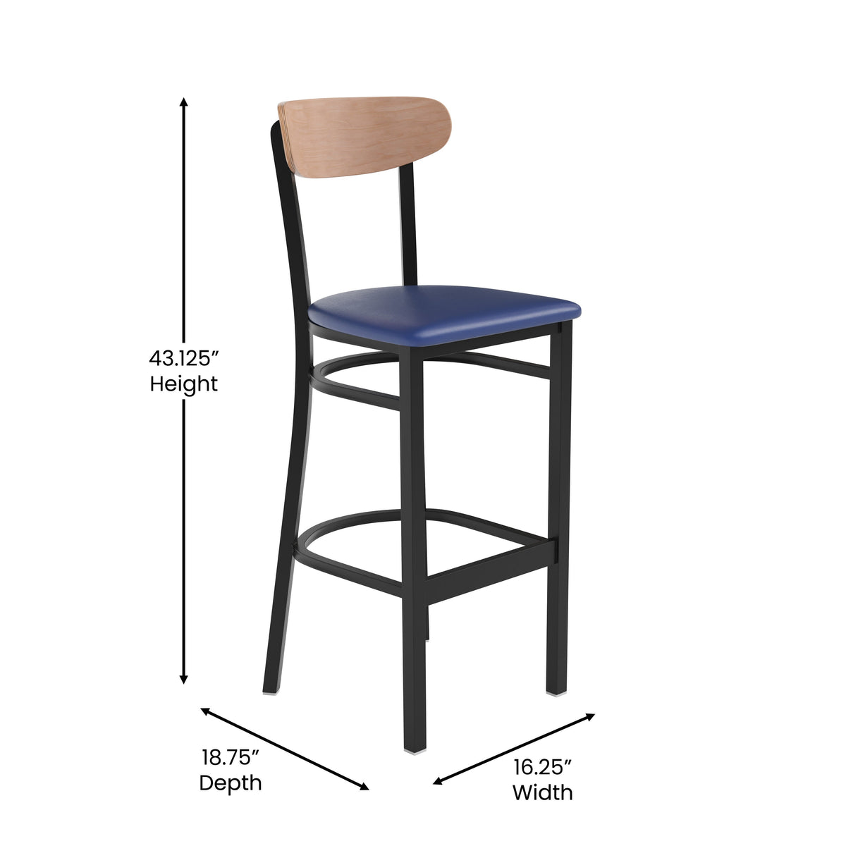 Natural Birch Wood Back/Blue Vinyl Seat |#| Commercial Metal Barstool with Vinyl Seat and Wood Boomerang Back-Blue/Natural