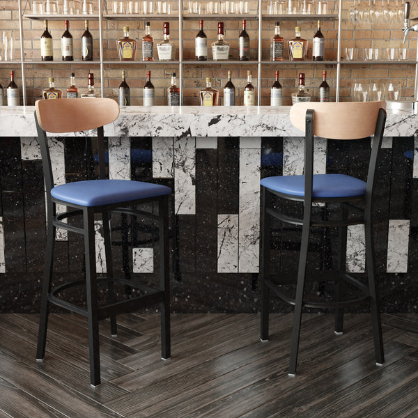 Natural Birch Wood Back/Blue Vinyl Seat |#| Commercial Metal Barstool with Vinyl Seat and Wood Boomerang Back-Blue/Natural
