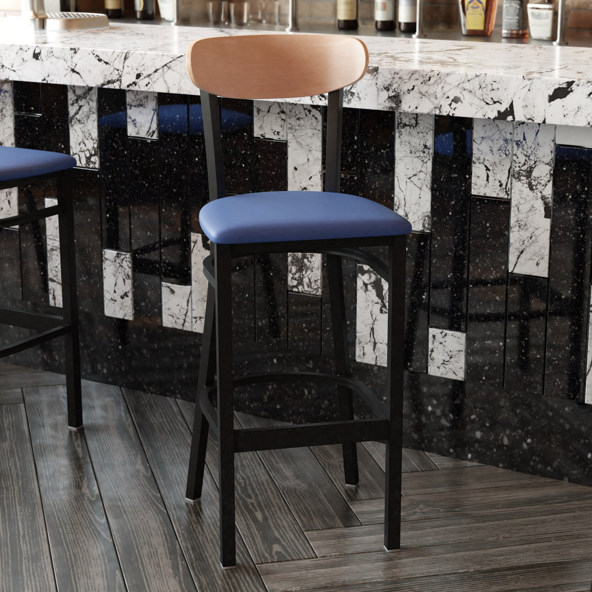 Natural Birch Wood Back/Blue Vinyl Seat |#| Commercial Metal Barstool with Vinyl Seat and Wood Boomerang Back-Blue/Natural