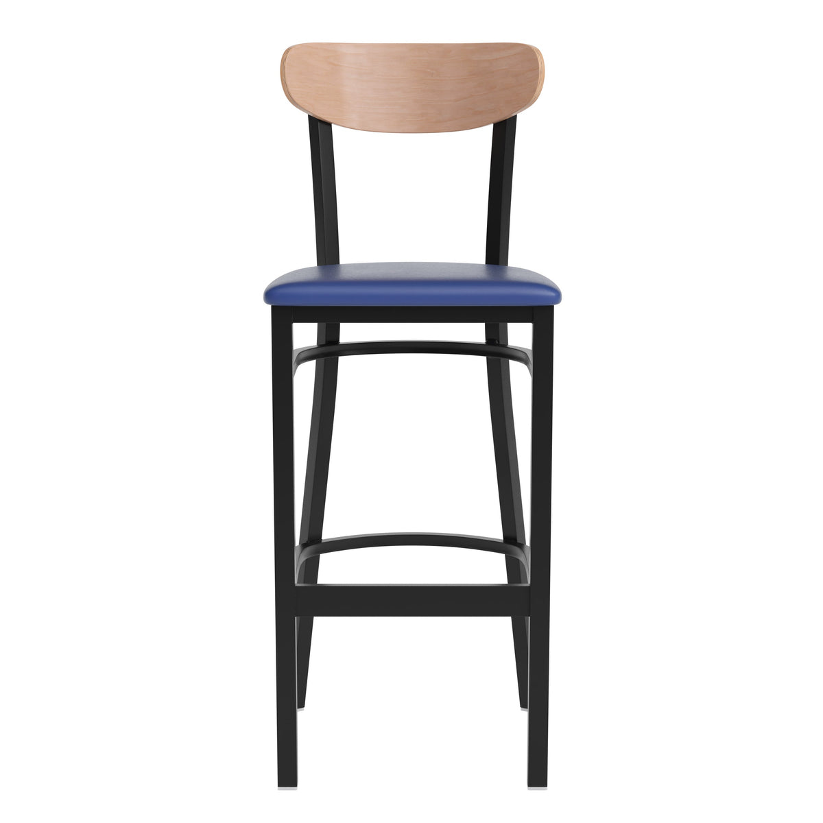 Natural Birch Wood Back/Blue Vinyl Seat |#| Commercial Metal Barstool with Vinyl Seat and Wood Boomerang Back-Blue/Natural