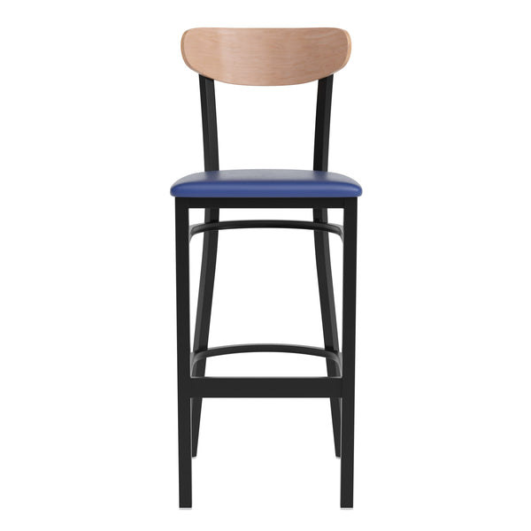 Natural Birch Wood Back/Blue Vinyl Seat |#| Commercial Metal Barstool with Vinyl Seat and Wood Boomerang Back-Blue/Natural