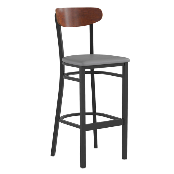 Walnut Wood Back/Gray Vinyl Seat |#| Commercial Metal Barstool with Vinyl Seat and Wood Boomerang Back-Gray/Walnut