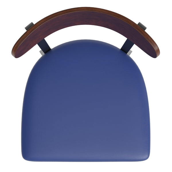 Walnut Wood Back/Blue Vinyl Seat |#| Commercial Metal Barstool with Vinyl Seat and Wood Boomerang Back-Blue/Walnut