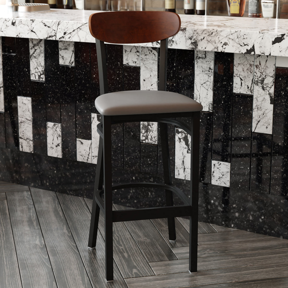 Walnut Wood Back/Gray Vinyl Seat |#| Commercial Metal Barstool with Vinyl Seat and Wood Boomerang Back-Gray/Walnut