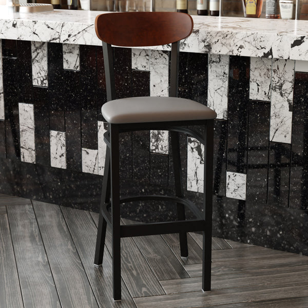 Walnut Wood Back/Gray Vinyl Seat |#| Commercial Metal Barstool with Vinyl Seat and Wood Boomerang Back-Gray/Walnut
