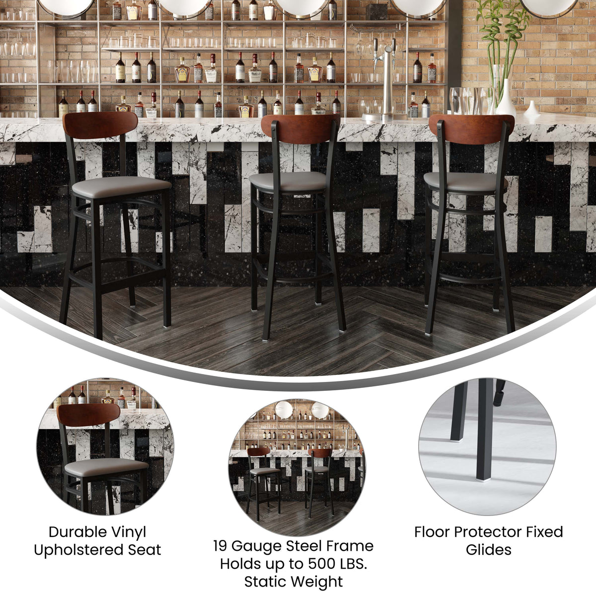 Walnut Wood Back/Gray Vinyl Seat |#| Commercial Metal Barstool with Vinyl Seat and Wood Boomerang Back-Gray/Walnut