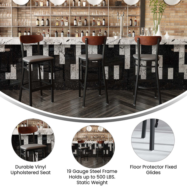 Walnut Wood Back/Gray Vinyl Seat |#| Commercial Metal Barstool with Vinyl Seat and Wood Boomerang Back-Gray/Walnut