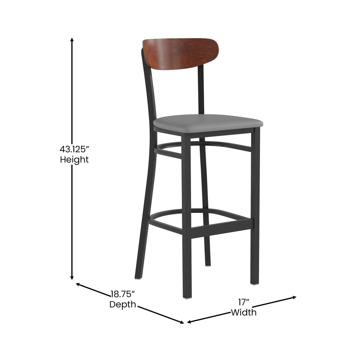 Walnut Wood Back/Gray Vinyl Seat |#| Commercial Metal Barstool with Vinyl Seat and Wood Boomerang Back-Gray/Walnut