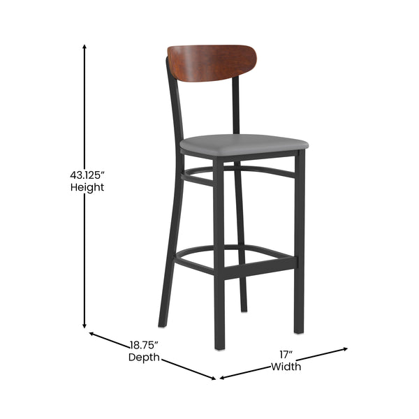 Walnut Wood Back/Gray Vinyl Seat |#| Commercial Metal Barstool with Vinyl Seat and Wood Boomerang Back-Gray/Walnut