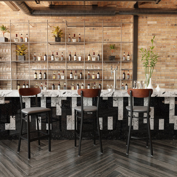 Walnut Wood Back/Gray Vinyl Seat |#| Commercial Metal Barstool with Vinyl Seat and Wood Boomerang Back-Gray/Walnut