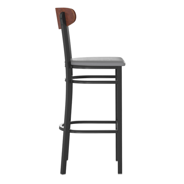 Walnut Wood Back/Gray Vinyl Seat |#| Commercial Metal Barstool with Vinyl Seat and Wood Boomerang Back-Gray/Walnut