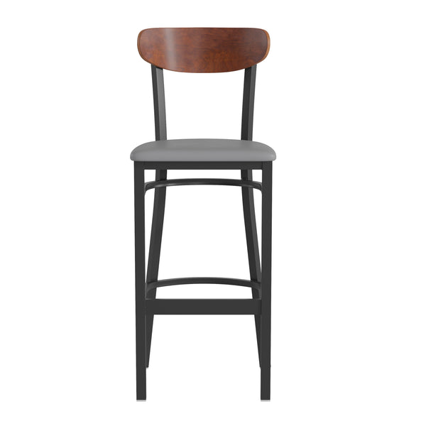 Walnut Wood Back/Gray Vinyl Seat |#| Commercial Metal Barstool with Vinyl Seat and Wood Boomerang Back-Gray/Walnut
