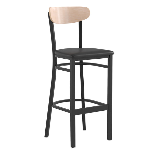 Natural Birch Wood Back/Black Vinyl Seat |#| Commercial Metal Barstool with Vinyl Seat and Wood Boomerang Back-Black/Natural