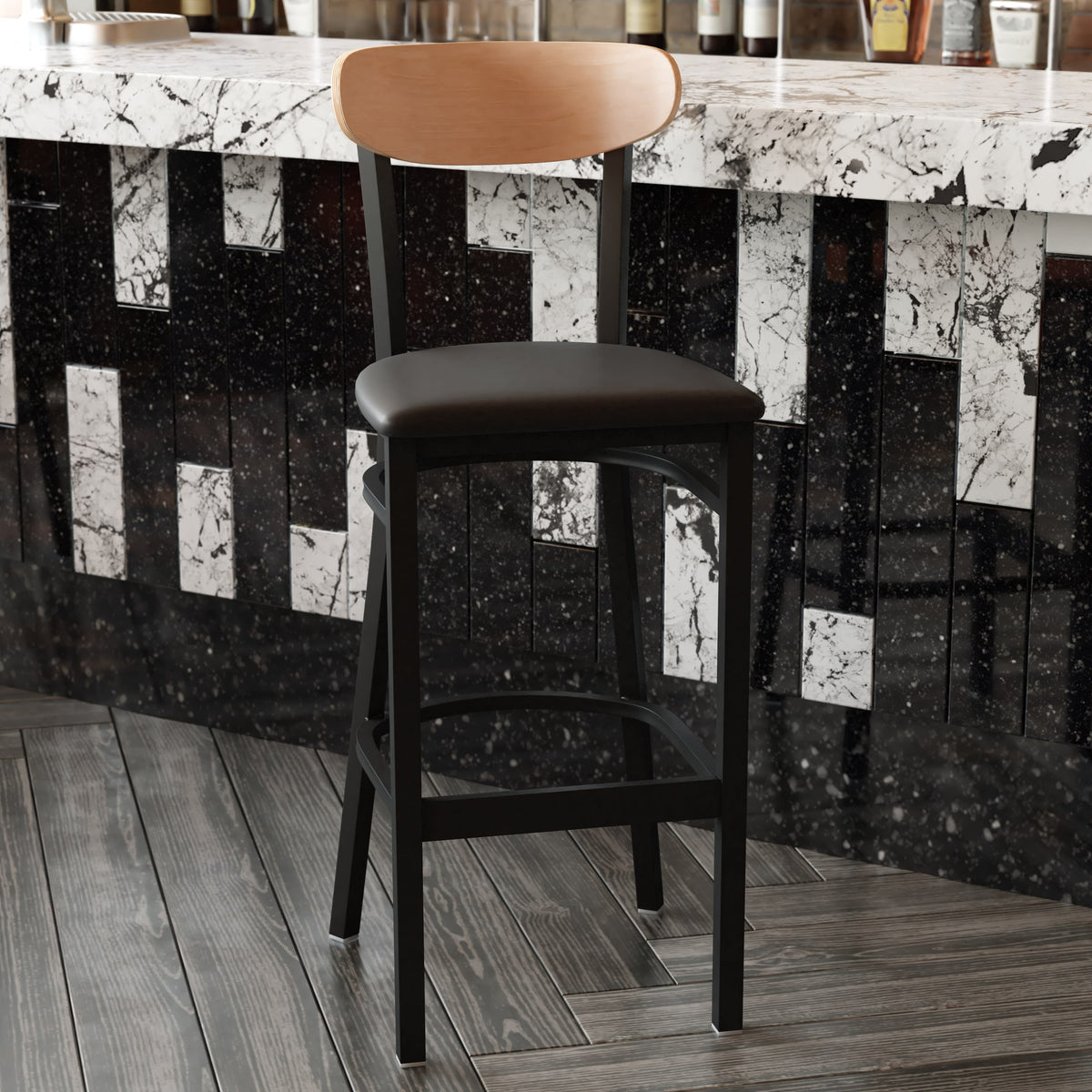 Natural Birch Wood Back/Black Vinyl Seat |#| Commercial Metal Barstool with Vinyl Seat and Wood Boomerang Back-Black/Natural