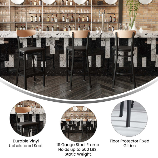 Natural Birch Wood Back/Black Vinyl Seat |#| Commercial Metal Barstool with Vinyl Seat and Wood Boomerang Back-Black/Natural