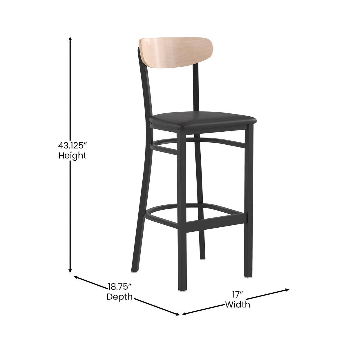 Natural Birch Wood Back/Black Vinyl Seat |#| Commercial Metal Barstool with Vinyl Seat and Wood Boomerang Back-Black/Natural