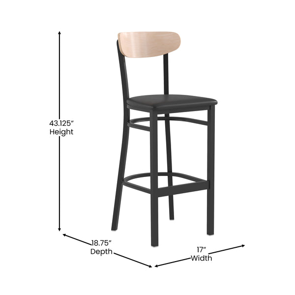 Natural Birch Wood Back/Black Vinyl Seat |#| Commercial Metal Barstool with Vinyl Seat and Wood Boomerang Back-Black/Natural