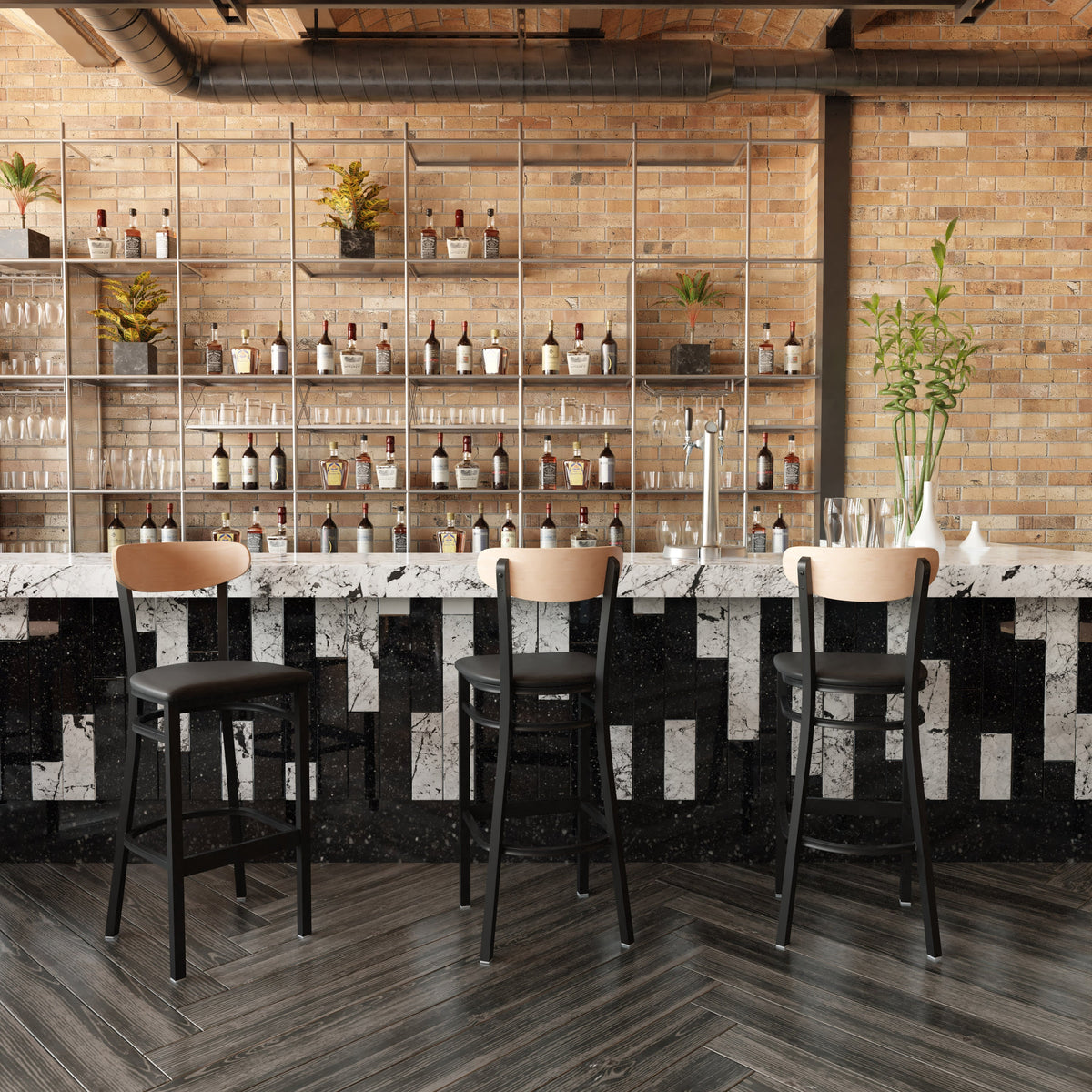 Natural Birch Wood Back/Black Vinyl Seat |#| Commercial Metal Barstool with Vinyl Seat and Wood Boomerang Back-Black/Natural