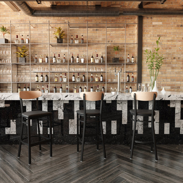 Natural Birch Wood Back/Black Vinyl Seat |#| Commercial Metal Barstool with Vinyl Seat and Wood Boomerang Back-Black/Natural