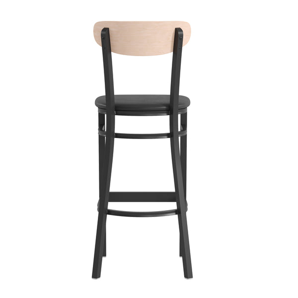 Natural Birch Wood Back/Black Vinyl Seat |#| Commercial Metal Barstool with Vinyl Seat and Wood Boomerang Back-Black/Natural