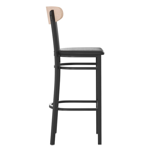 Natural Birch Wood Back/Black Vinyl Seat |#| Commercial Metal Barstool with Vinyl Seat and Wood Boomerang Back-Black/Natural