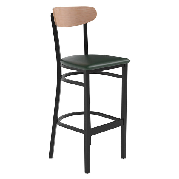 Natural Birch Wood Back/Green Vinyl Seat |#| Commercial Metal Barstool with Vinyl Seat and Wood Boomerang Back-Green/Natural